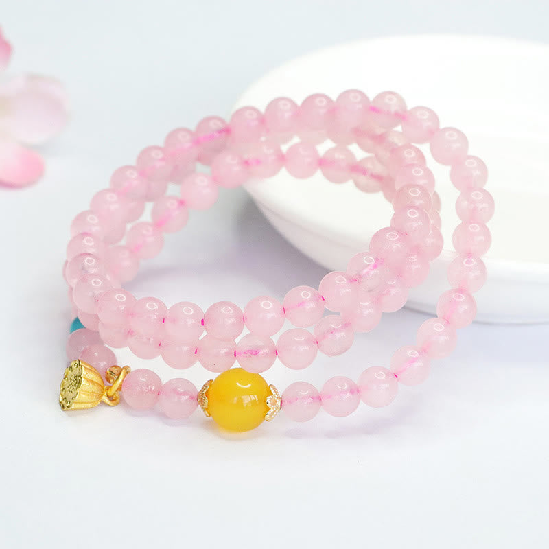 Fortune Jewel Pink Crystal Multi-Circle Yellow Chalcedony Lotus Warmth Bracelet
