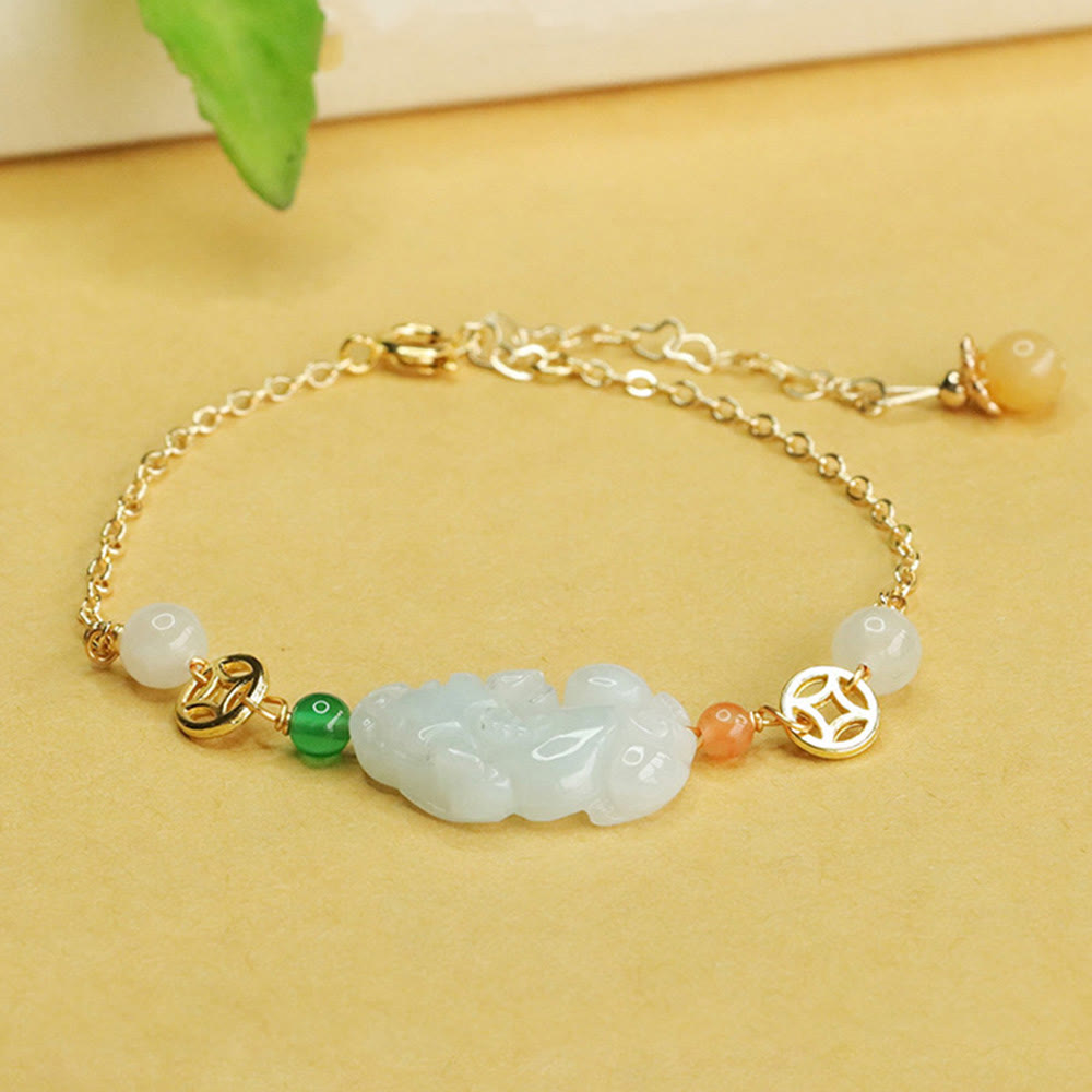 Fortune Jewel Natural Jade PiXiu Carved Copper Coin Luck Chain Bracelet