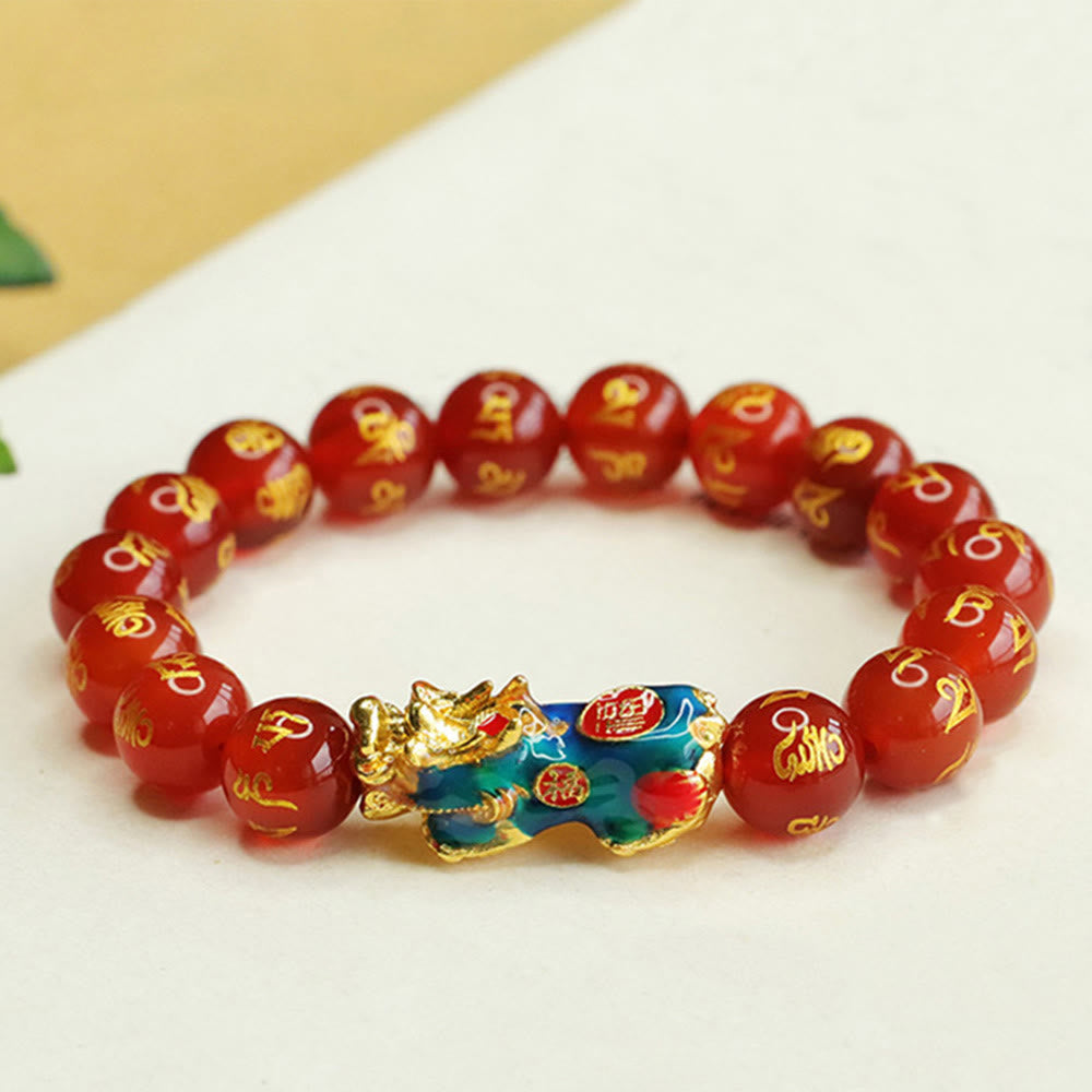 Fortune Jewel Red Agate Color Change PiXiu Om Mani Padme Hum Calm Bracelet