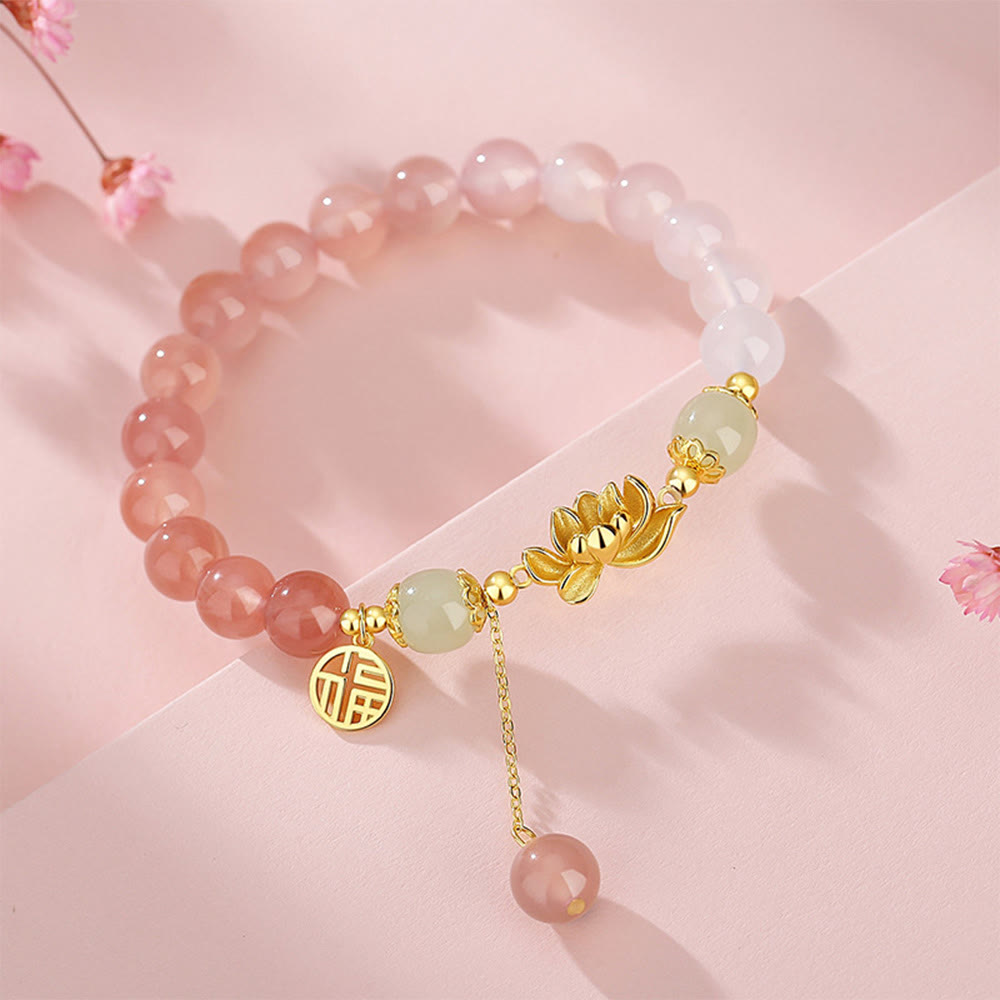 Fortune Jewel 925 Sterling Silver Natural Gradient Agate Hetian Jade Lotus Fu Character Enlightenment Bracelet
