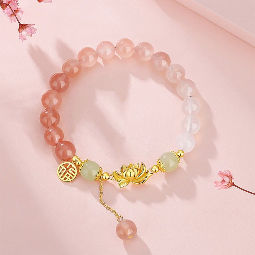 Fortune Jewel 925 Sterling Silver Natural Gradient Agate Hetian Jade Lotus Fu Character Enlightenment Bracelet