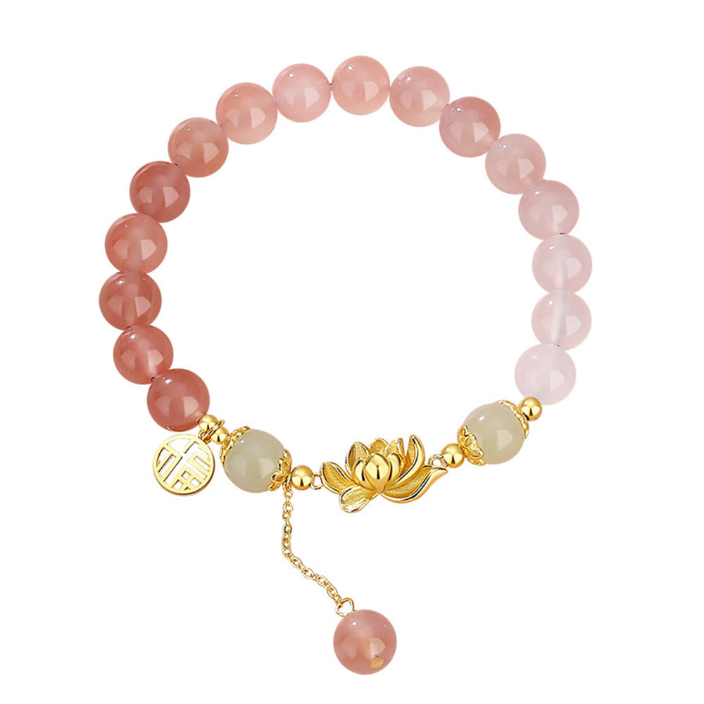 Fortune Jewel 925 Sterling Silver Natural Gradient Agate Hetian Jade Lotus Fu Character Enlightenment Bracelet
