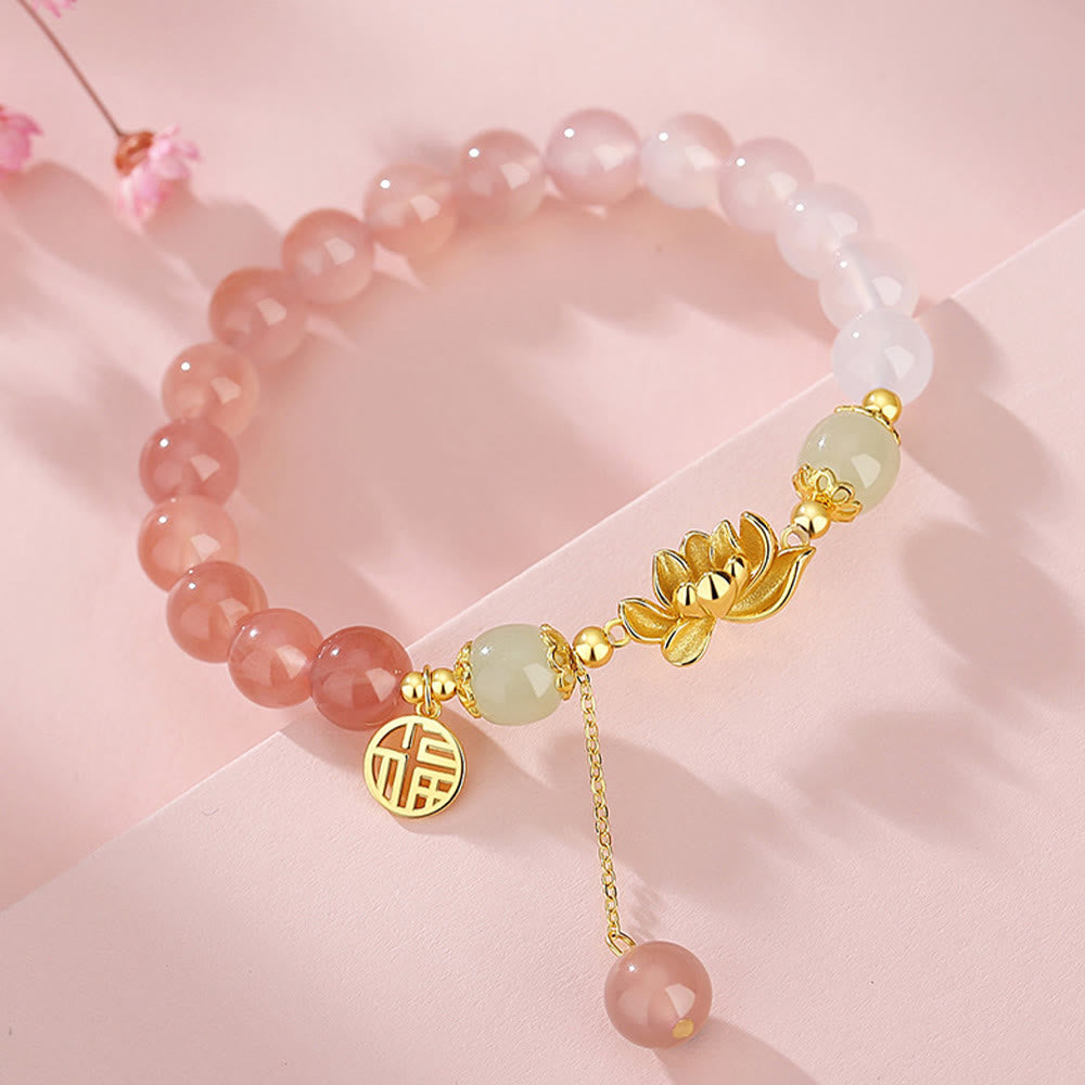 Fortune Jewel 925 Sterling Silver Natural Gradient Agate Hetian Jade Lotus Fu Character Enlightenment Bracelet