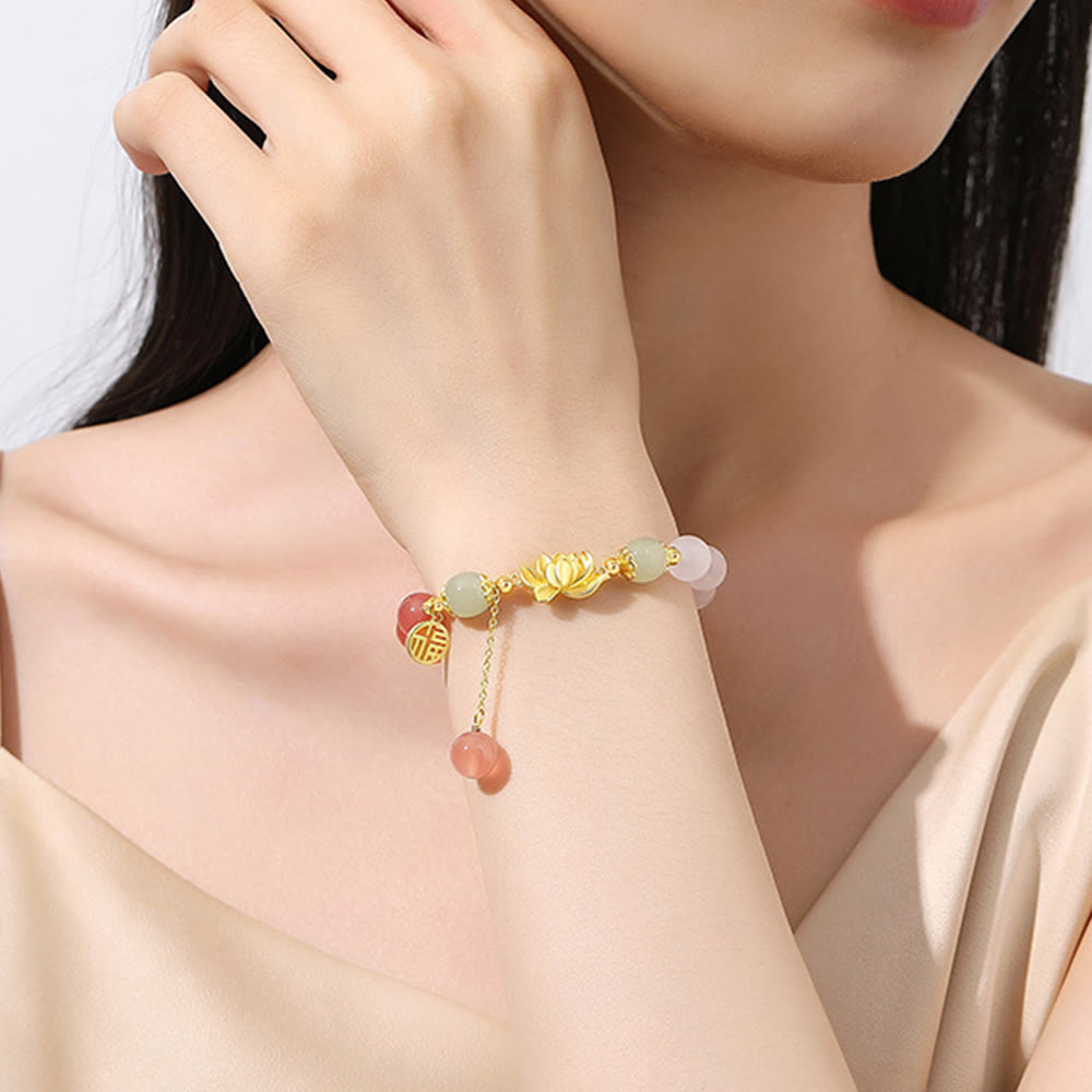 Fortune Jewel 925 Sterling Silver Natural Gradient Agate Hetian Jade Lotus Fu Character Enlightenment Bracelet