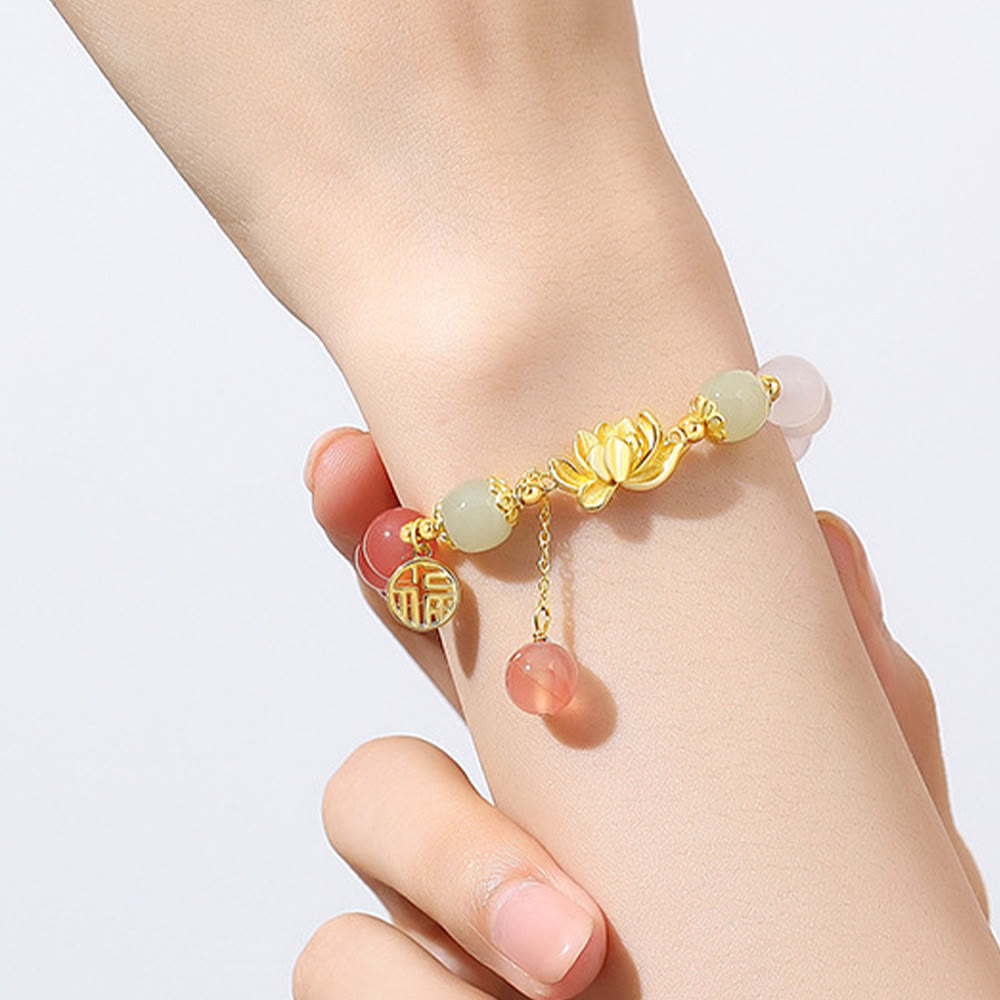 Fortune Jewel 925 Sterling Silver Natural Gradient Agate Hetian Jade Lotus Fu Character Enlightenment Bracelet