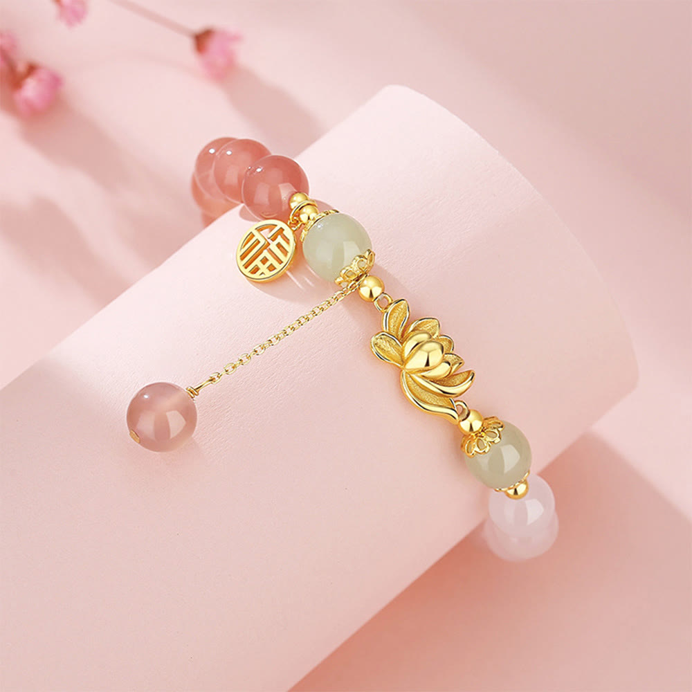 Fortune Jewel 925 Sterling Silver Natural Gradient Agate Hetian Jade Lotus Fu Character Enlightenment Bracelet