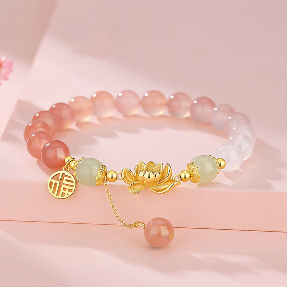 Fortune Jewel 925 Sterling Silver Natural Gradient Agate Hetian Jade Lotus Fu Character Enlightenment Bracelet