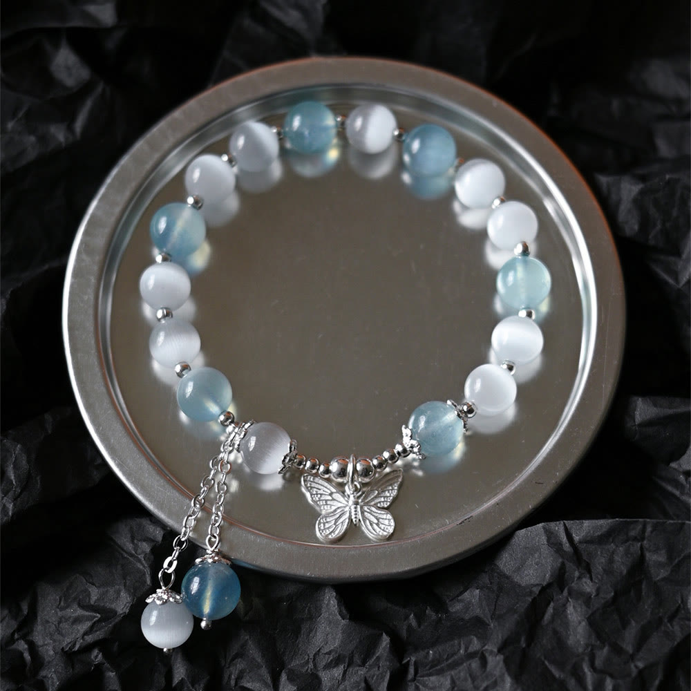 Fortune Jewel Cat's Eye Aquamarine Butterfly Charm Support Bracelet