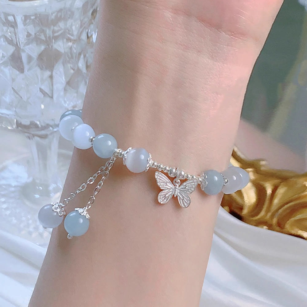 Fortune Jewel Cat's Eye Aquamarine Butterfly Charm Support Bracelet