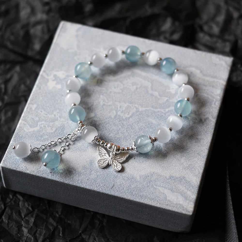Fortune Jewel Cat's Eye Aquamarine Butterfly Charm Support Bracelet