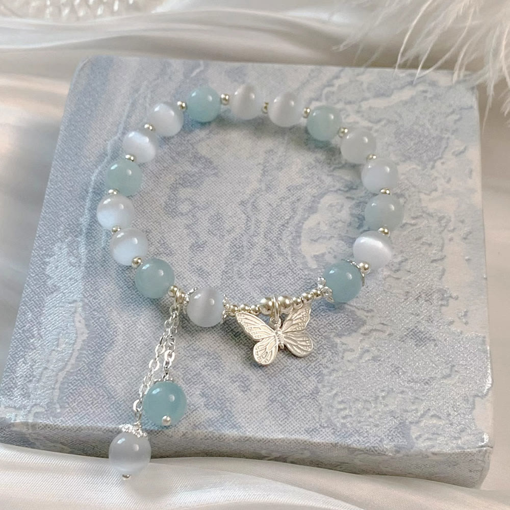 Fortune Jewel Cat's Eye Aquamarine Butterfly Charm Support Bracelet