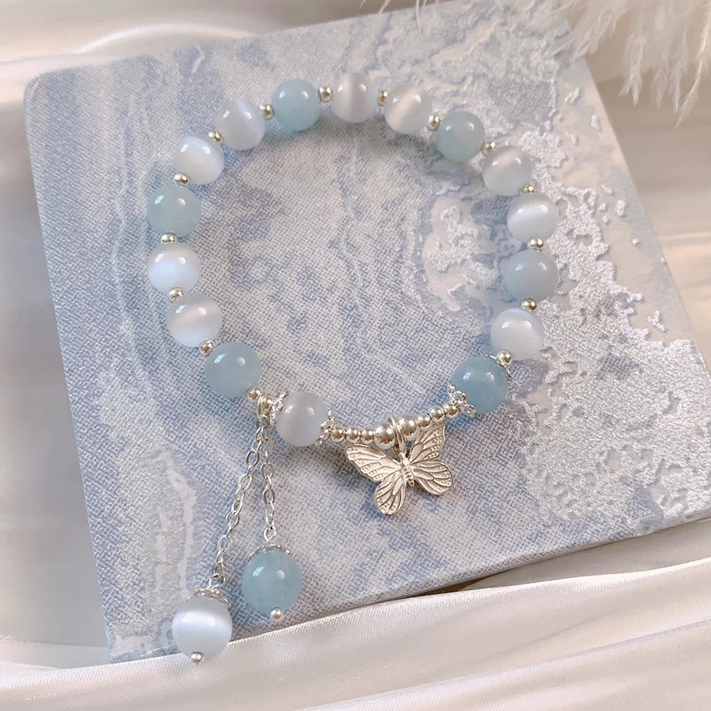 Fortune Jewel Cat's Eye Aquamarine Butterfly Charm Support Bracelet