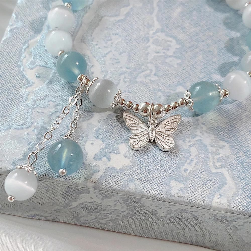 Fortune Jewel Cat's Eye Aquamarine Butterfly Charm Support Bracelet