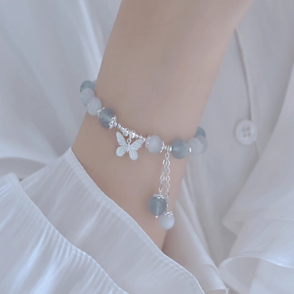 Fortune Jewel Cat's Eye Aquamarine Butterfly Charm Support Bracelet