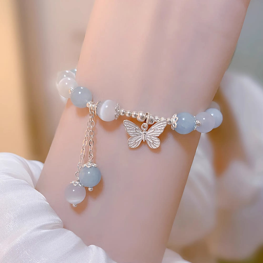 Fortune Jewel Cat's Eye Aquamarine Butterfly Charm Support Bracelet