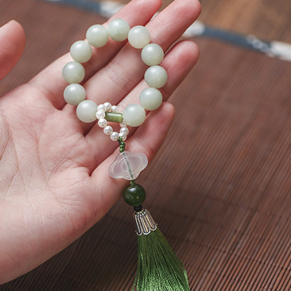 Fortune Jewel Green Jade Beads Pearl Prosperity Tassels Wrist Mala