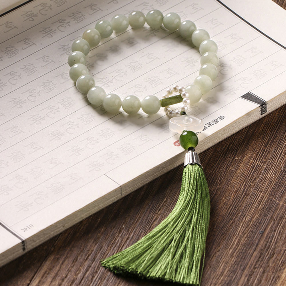Fortune Jewel Green Jade Beads Pearl Prosperity Tassels Wrist Mala