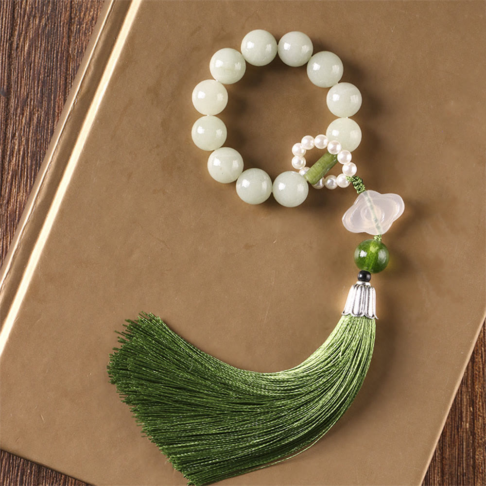 Fortune Jewel Green Jade Beads Pearl Prosperity Tassels Wrist Mala