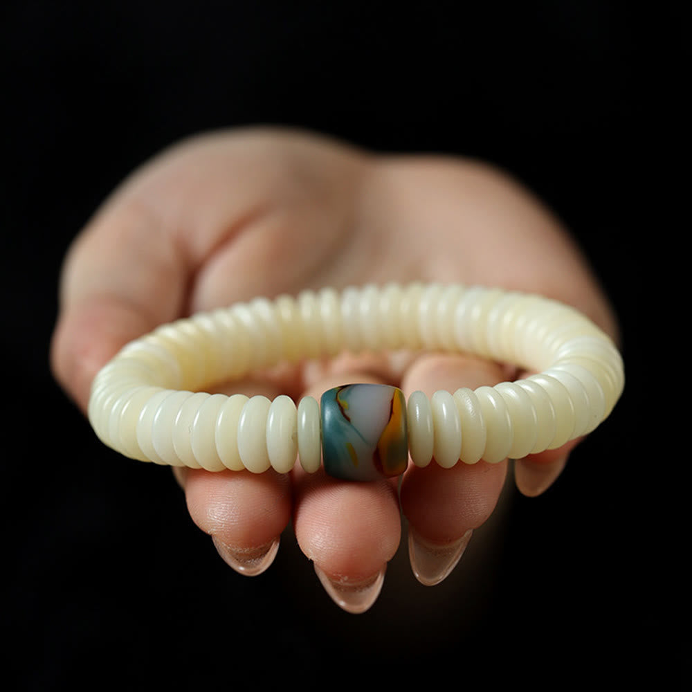 Fortune Jewel Natural White Bodhi Seed Stone Wisdom Tassel Wrist Mala Bracelet