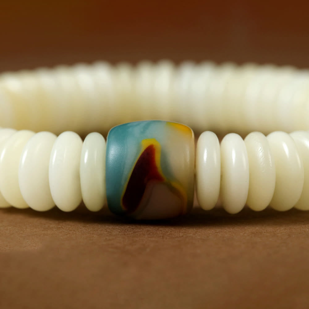 Fortune Jewel Natural White Bodhi Seed Stone Wisdom Tassel Wrist Mala Bracelet