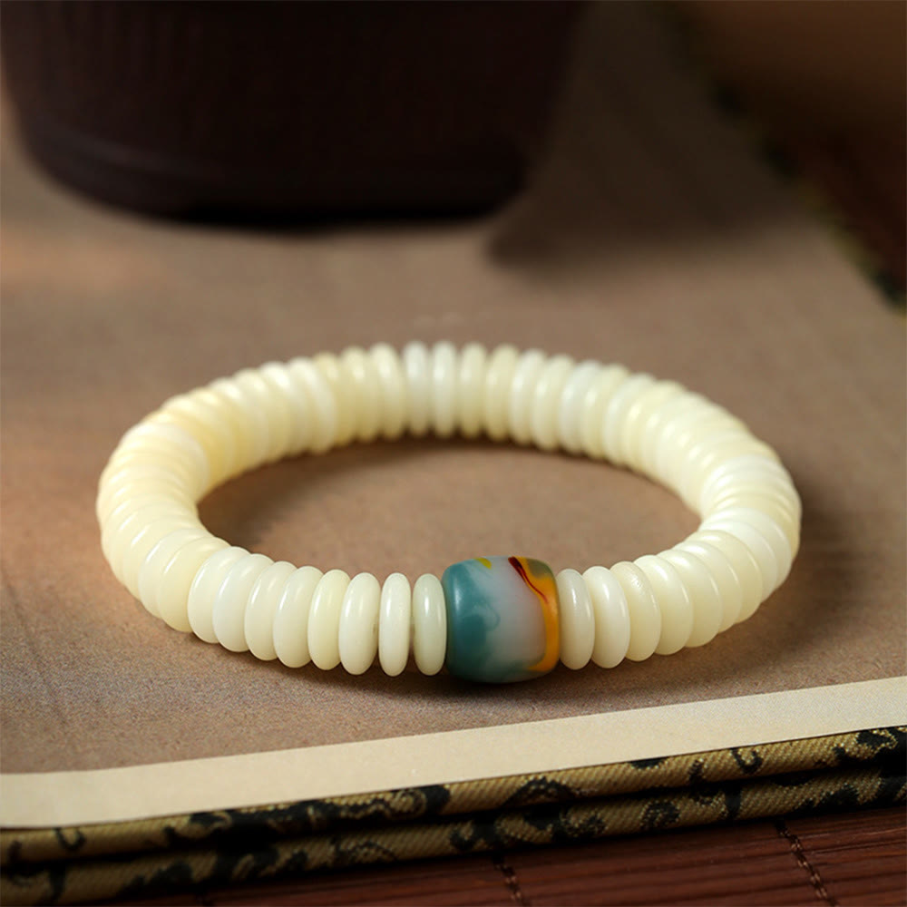 Fortune Jewel Natural White Bodhi Seed Stone Wisdom Tassel Wrist Mala Bracelet