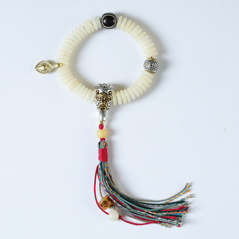 Fortune Jewel Natural White Bodhi Seed Stone Wisdom Tassel Wrist Mala Bracelet