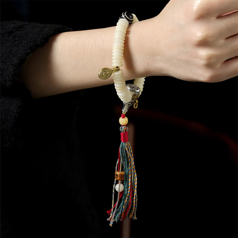 Fortune Jewel Natural White Bodhi Seed Stone Wisdom Tassel Wrist Mala Bracelet