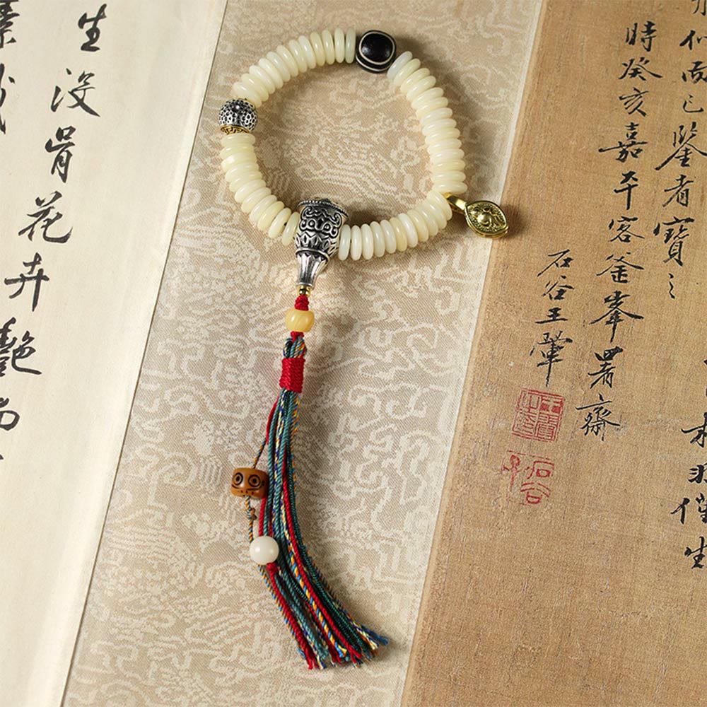 Fortune Jewel Natural White Bodhi Seed Stone Wisdom Tassel Wrist Mala Bracelet