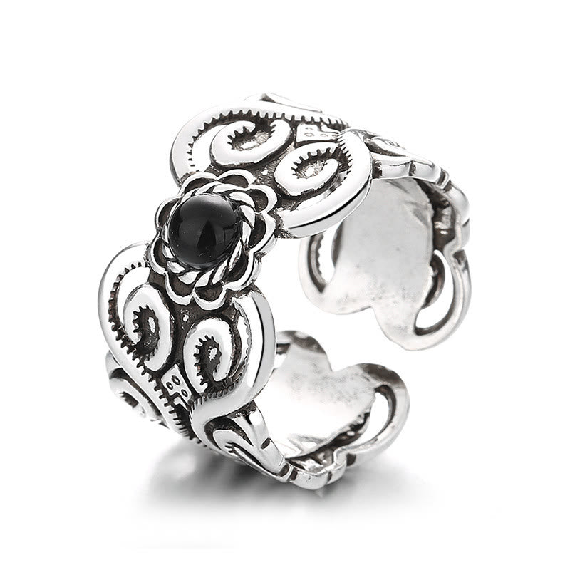Fortune Jewel Black Onyx Copper Mongolian Pattern Adjustable Fortune Ring