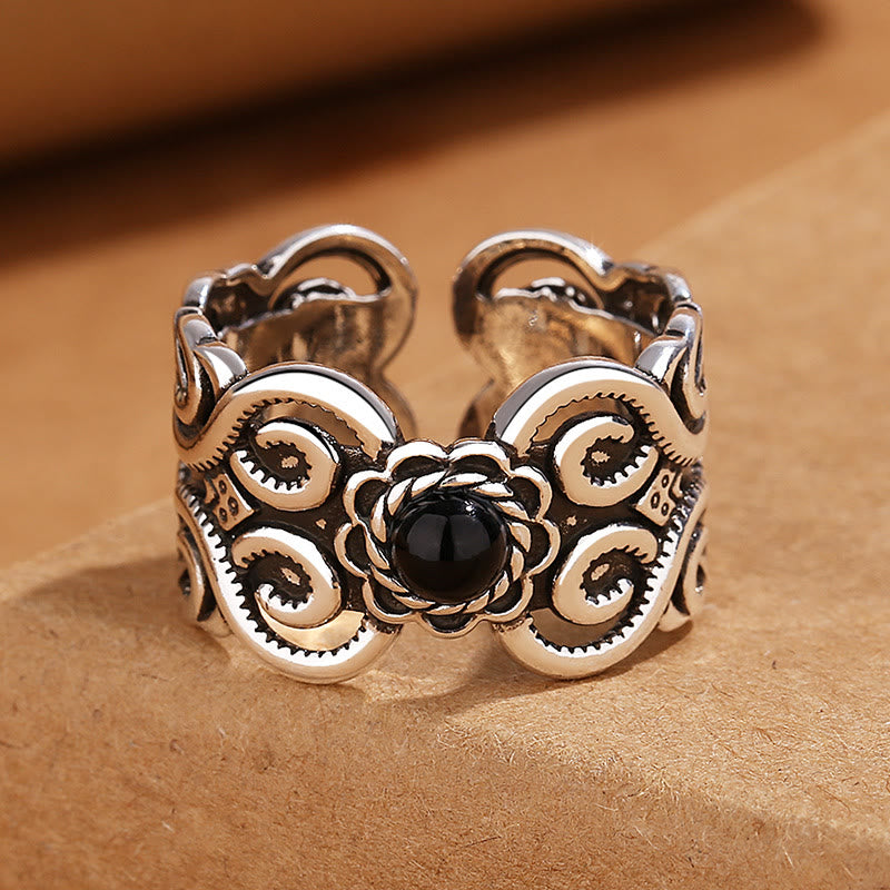 Fortune Jewel Black Onyx Copper Mongolian Pattern Adjustable Fortune Ring