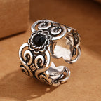 Fortune Jewel Black Onyx Copper Mongolian Pattern Adjustable Fortune Ring