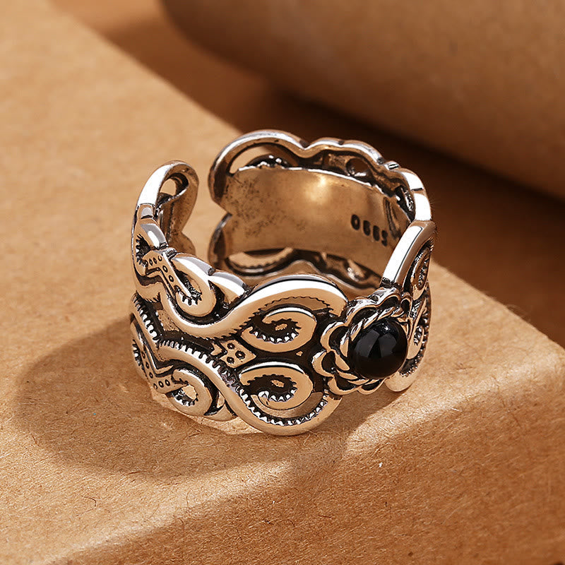 Fortune Jewel Black Onyx Copper Mongolian Pattern Adjustable Fortune Ring