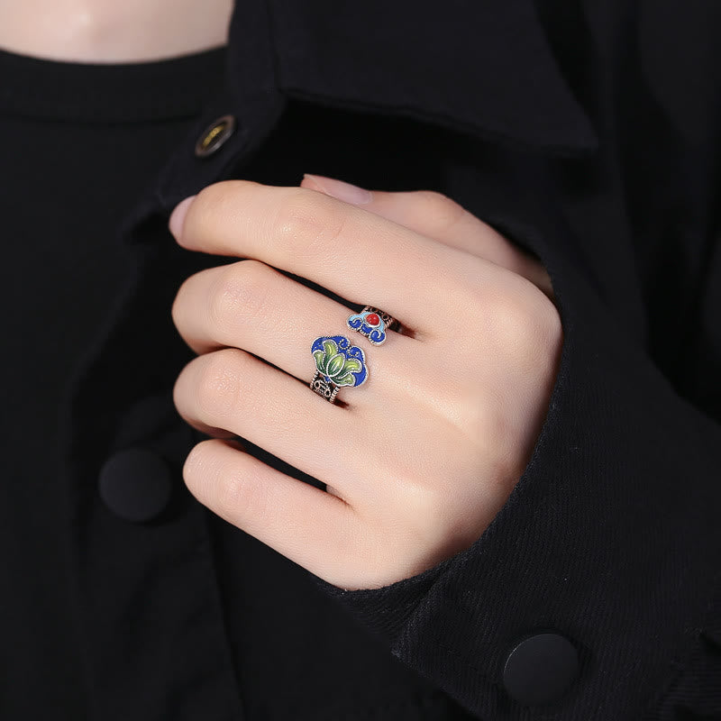 Fortune Jewel Lotus Flower Copper Coins Ruyi Handle Pattern Enlightenment Adjustable Ring