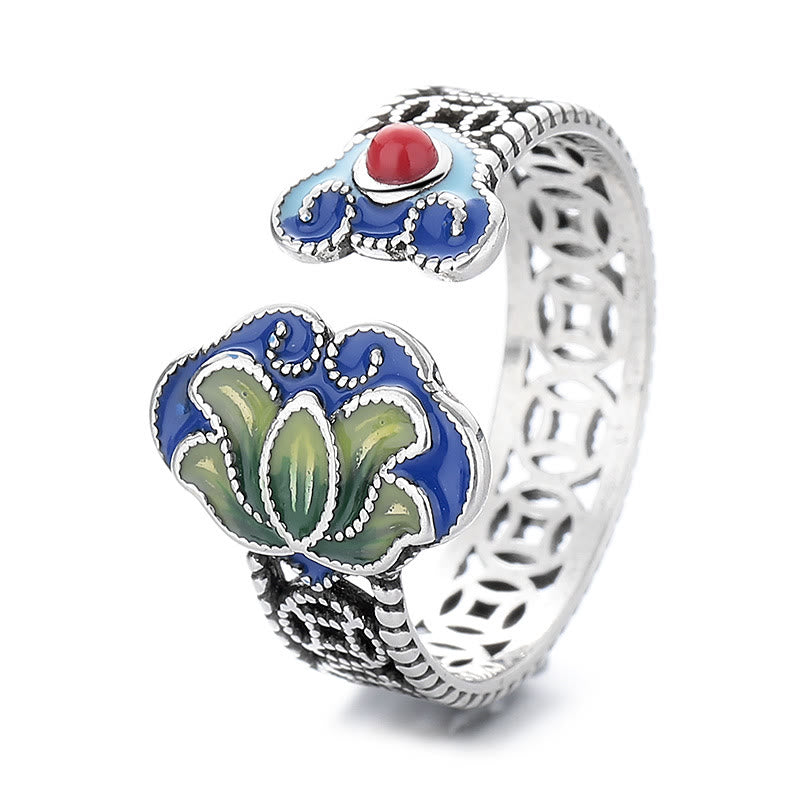 Fortune Jewel Lotus Flower Copper Coins Ruyi Handle Pattern Enlightenment Adjustable Ring