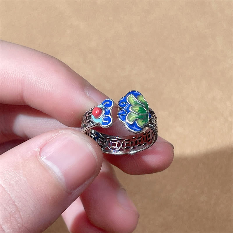 Fortune Jewel Lotus Flower Copper Coins Ruyi Handle Pattern Enlightenment Adjustable Ring