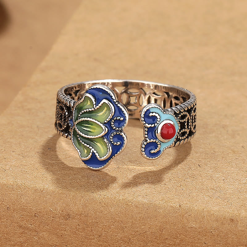 Fortune Jewel Lotus Flower Copper Coins Ruyi Handle Pattern Enlightenment Adjustable Ring