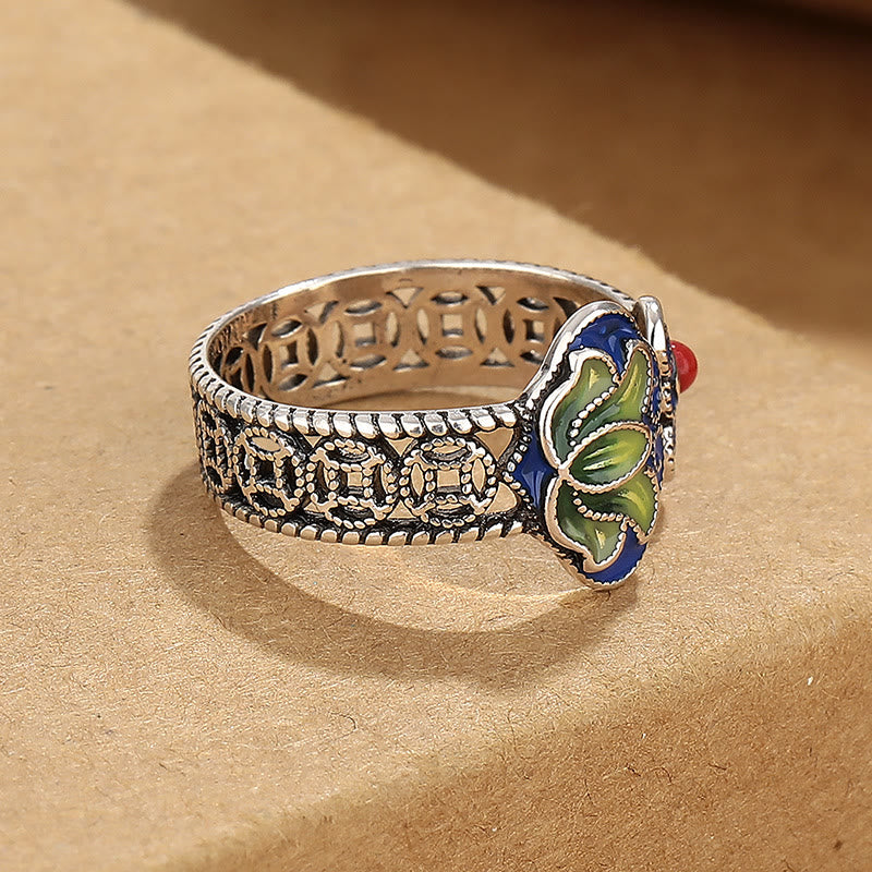Fortune Jewel Lotus Flower Copper Coins Ruyi Handle Pattern Enlightenment Adjustable Ring
