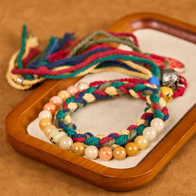 Fortune Jewel Tibetan Mountain Ghosts Spend Money Colorful Chalcedony Double-Layer Colored Rope Tassel Positive Bracelet