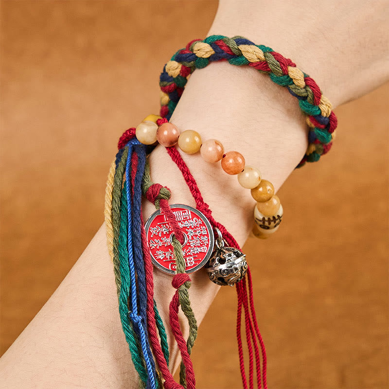 Fortune Jewel Tibetan Mountain Ghosts Spend Money Colorful Chalcedony Double-Layer Colored Rope Tassel Positive Bracelet