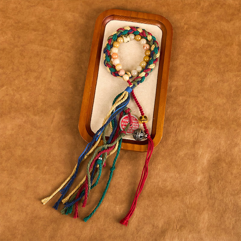Fortune Jewel Tibetan Mountain Ghosts Spend Money Colorful Chalcedony Double-Layer Colored Rope Tassel Positive Bracelet