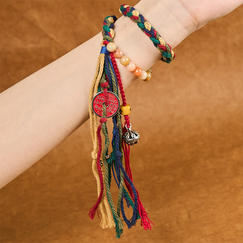 Fortune Jewel Tibetan Mountain Ghosts Spend Money Colorful Chalcedony Double-Layer Colored Rope Tassel Positive Bracelet