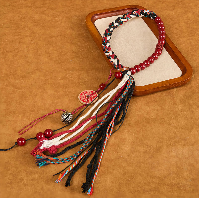 Fortune Jewel Tibetan Mountain Ghosts Spend Money Cinnabar Double-Layer Red Rope Tassel Protection Bracelet