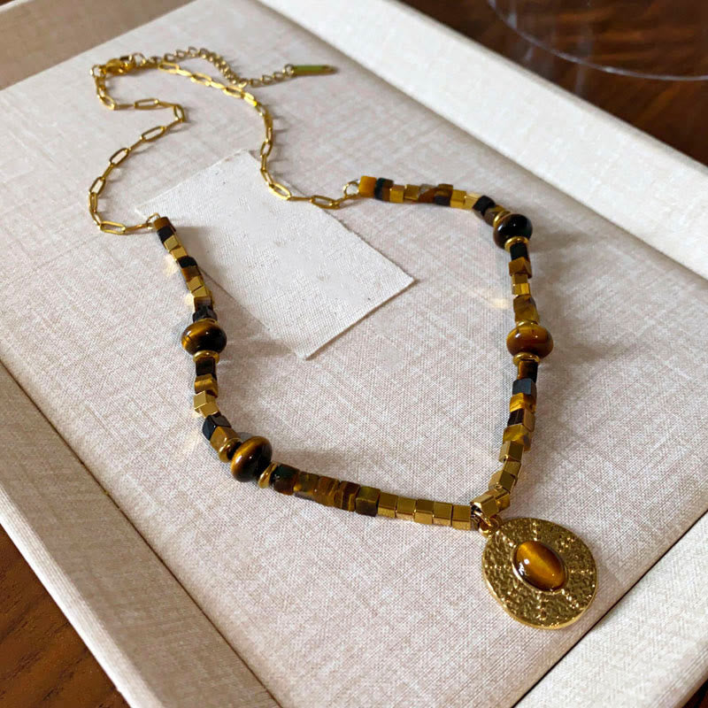 Fortune Jewel Natural Tiger Eye Square Protection Titanium Steel Necklace Pendant