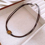 Fortune Jewel Natural Tiger Eye Ellipse Protection Wax Rope Necklace Pendant