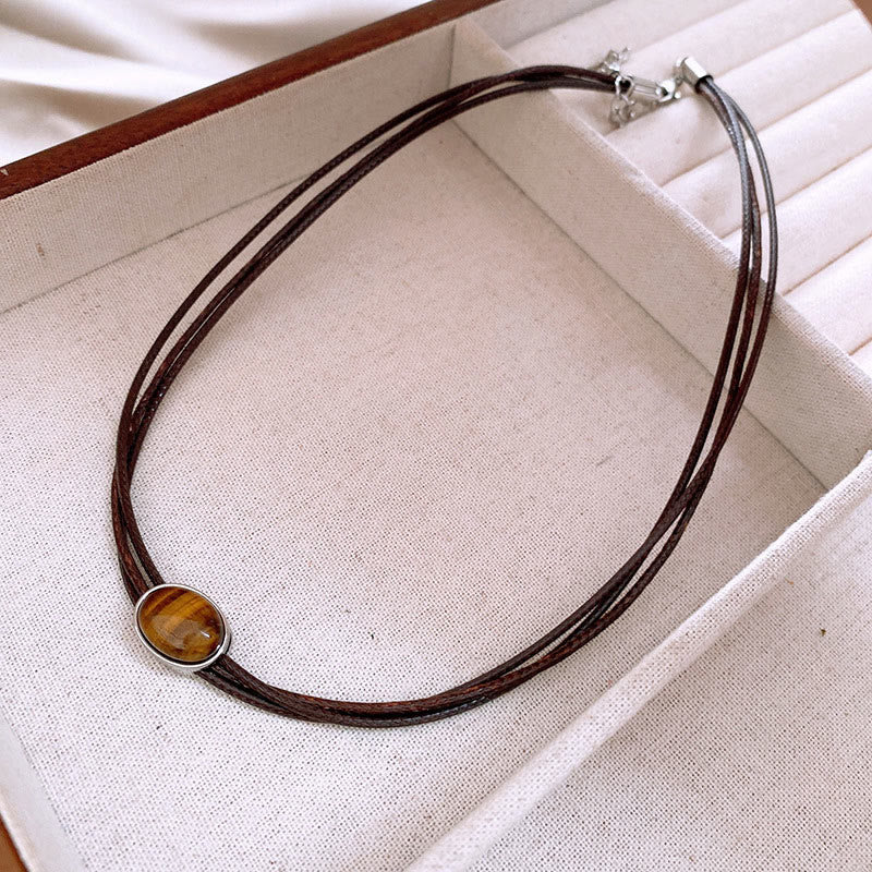 Fortune Jewel Natural Tiger Eye Ellipse Protection Wax Rope Necklace Pendant