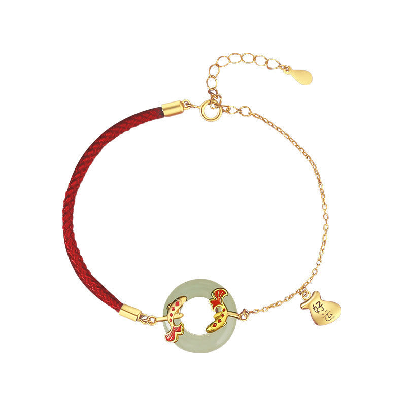 Fortune Jewel 999 Sterling Silver Hetian White Jade Double Koi Fish Peace Buckle Lucky Charm Wealth Bracelet