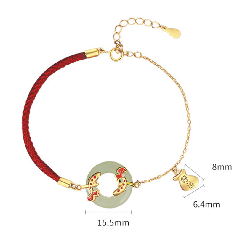 Fortune Jewel 999 Sterling Silver Hetian White Jade Double Koi Fish Peace Buckle Lucky Charm Wealth Bracelet