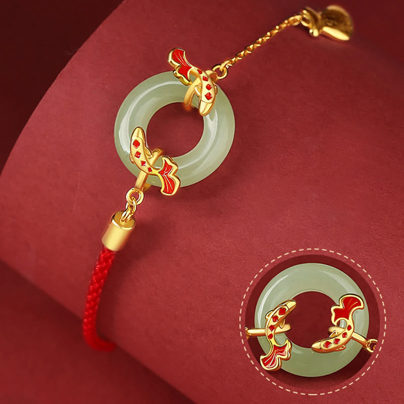Fortune Jewel 999 Sterling Silver Hetian White Jade Double Koi Fish Peace Buckle Lucky Charm Wealth Bracelet