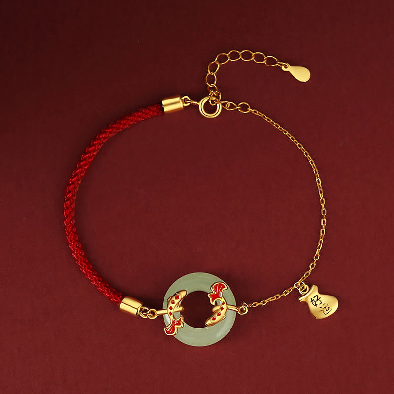 Fortune Jewel 999 Sterling Silver Hetian White Jade Double Koi Fish Peace Buckle Lucky Charm Wealth Bracelet