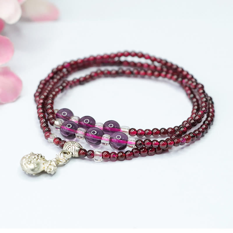Fortune Jewel Natural Garnet Elephant Abacus Lucky Bag PiXiu Protection Triple Wrap Bracelet